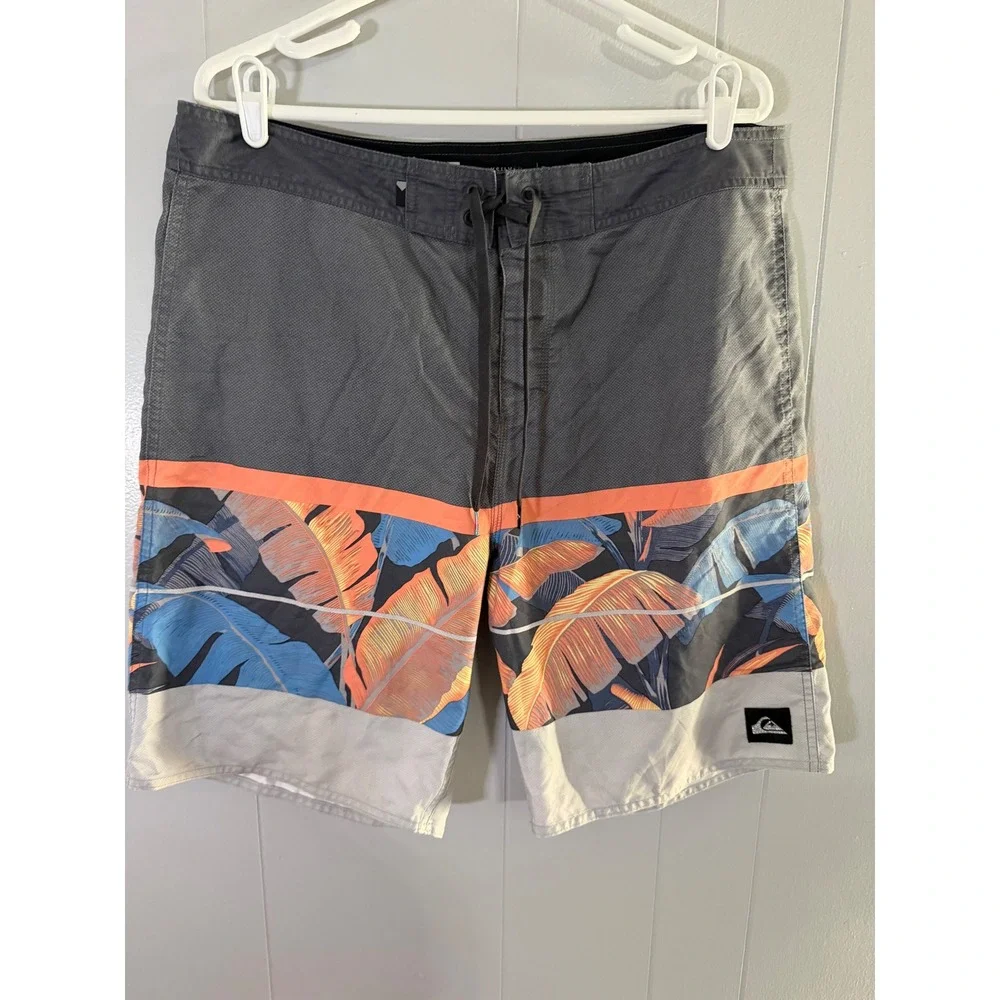 Quiksilver Board Shorts Mens 36 Grey Orange Tropical Leaf Print Swim Trunks EUC